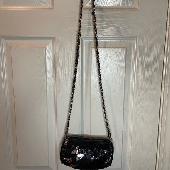 Betsey Johnson mini black silver and gold mesh crossbody bag. - Picture 1 of 16